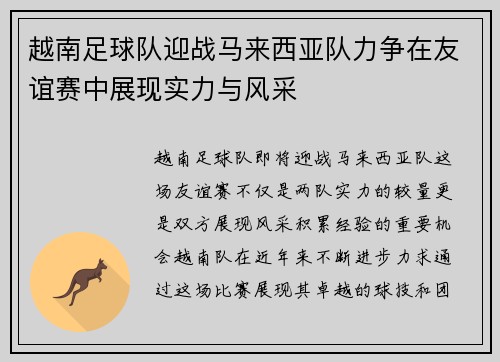 越南足球队迎战马来西亚队力争在友谊赛中展现实力与风采